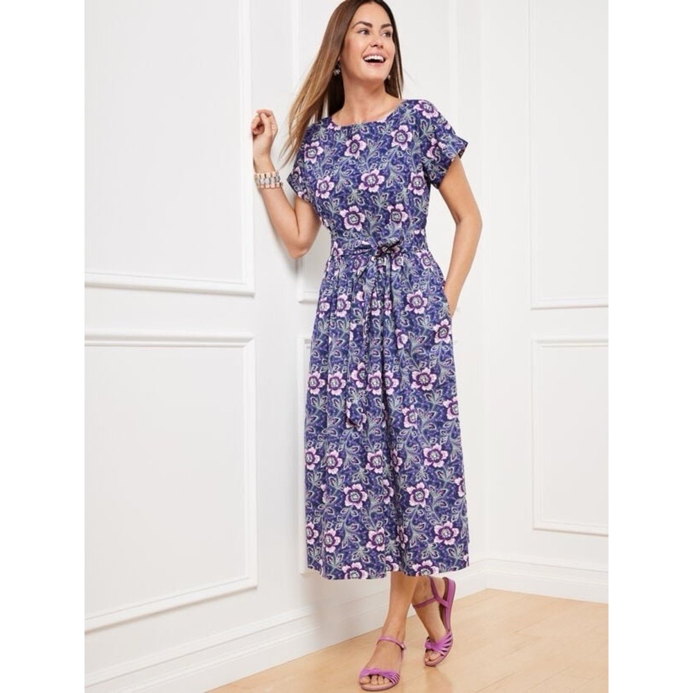 Talbots Poplin Fit & Flare Maxi Dress Floral Cotton Tie Belt Pockets Cottage 10